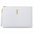 Saint Laurent YSL Cassandre Clutch in White Blanc Ivory Quilted Lambskin Leather with Shiny Gold YSL Monogram Chevron Quilting Gold Zip Top and Leather Wrist Strap