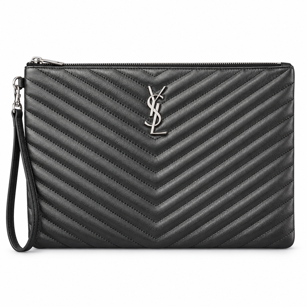 Saint Laurent YSL Cassandre Clutch in Black Noir Quilted Lambskin Leather with Silver YSL Monogram Chevron Quilting Silver Zip Top and Leather Wrist Strap