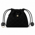 Chanel Black Quilted Suede Drawstring Bucket Bag | Gold CC Charm & D-Ring — 22cm