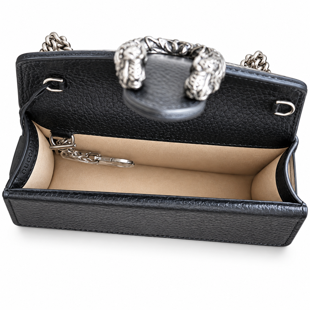 Gucci Dionysus Mini Bag in Black Pebbled Leather with Crystal Embellished Closure