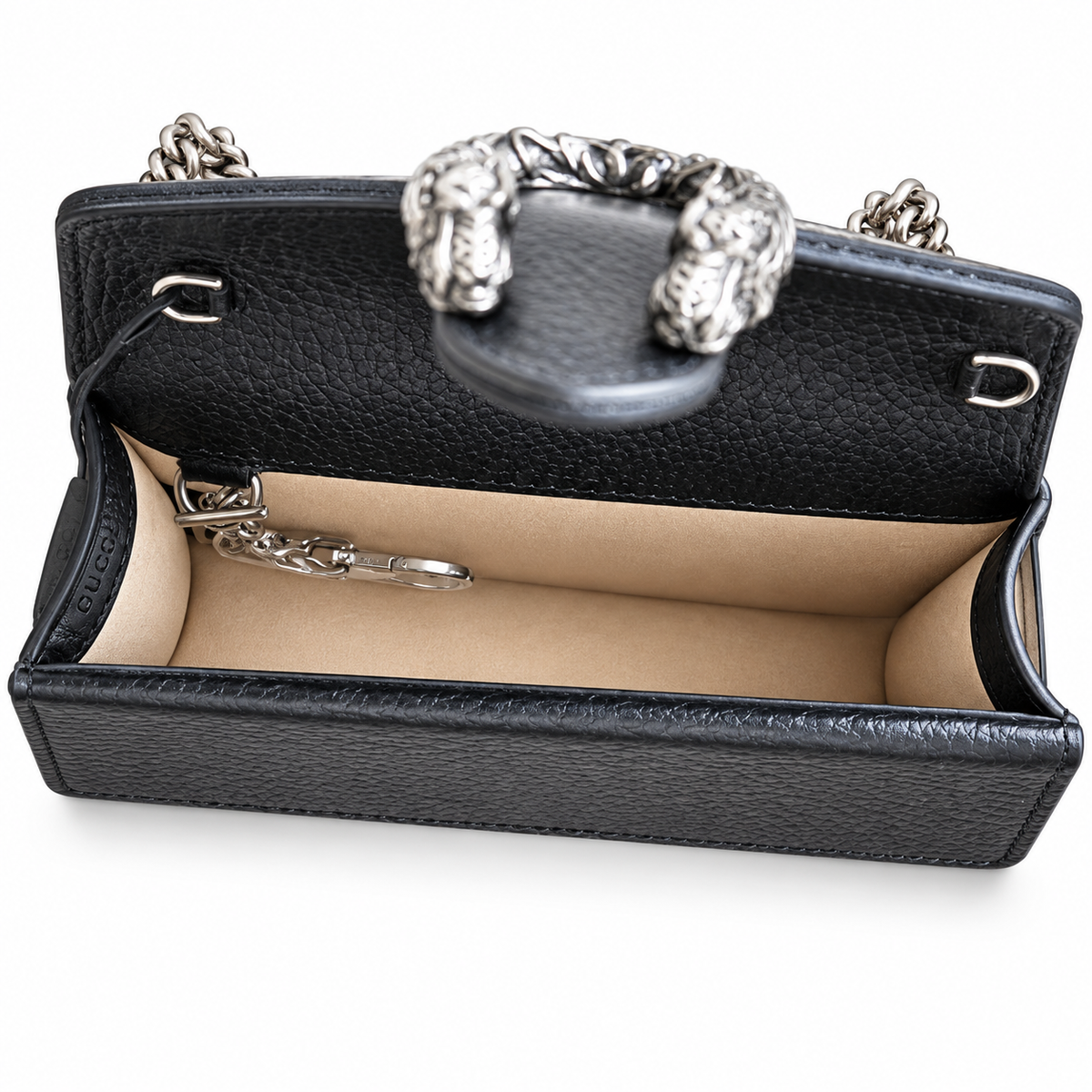 Gucci Dionysus Mini Bag in Black Pebbled Leather with Crystal Embellished Closure