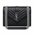 Saint Laurent YSL Envelope Large Bag in Black Noir Mix-Matelasse Quilted Grained Leather with Silver YSL Monogram Chevron Quilting Silver Curb Chain and Leather Wrist Handle
