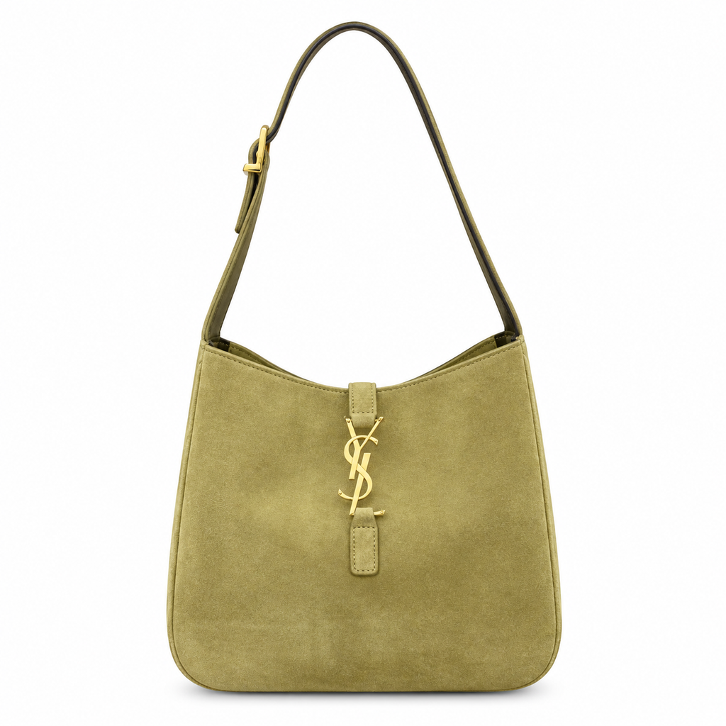 Saint Laurent YSL Le 5 à 7 Hobo Bag in Sage Matcha Moss Green Suede with Shiny Gold YSL Toggle Closure and Adjustable Leather Shoulder Strap