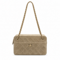 Chanel Camel Suede Quilted Camera Bag | CC Turn-Lock Front Pocket, Top Zip & Gold Chain