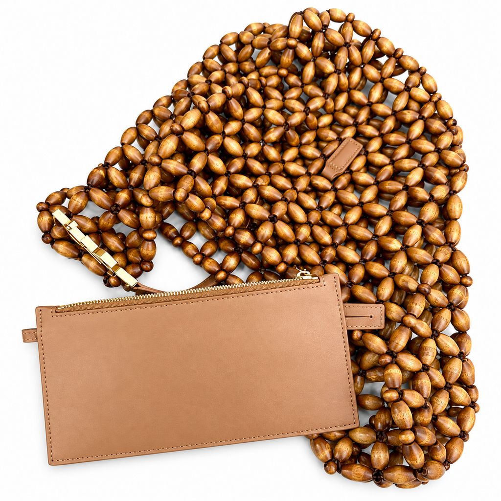 YSL Cassandre Beaded Wood Hobo Shoulder Bag Tan