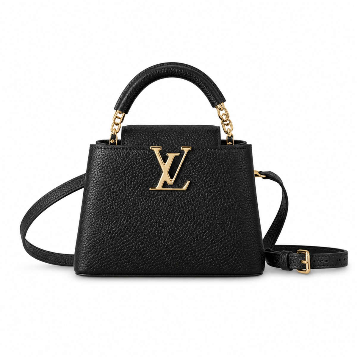 Louis Vuitton Capucines Mini Black Taurillon Leather Handbag with Gold Chain