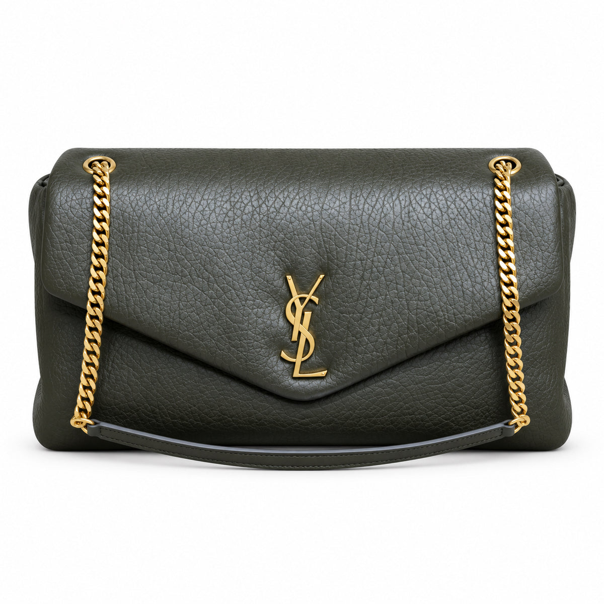 YSL Saint Laurent Calypso Bag Khaki Green Grained Leather Gold Chain Straps