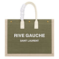 Saint Laurent Rive Gauche Large Tote Bag in Khaki Olive Canvas with Cream Leather Trim Bold White Logo and Antique Gold Stud Details