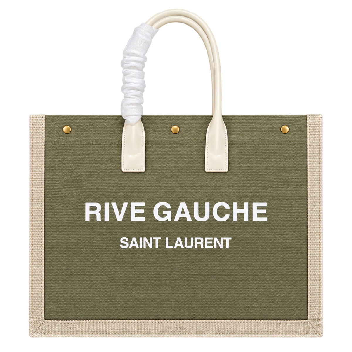 Saint Laurent Rive Gauche Large Tote Bag in Khaki Olive Canvas with Cream Leather Trim Bold White Logo and Antique Gold Stud Details