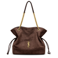 YSL Saint Laurent Jamie Tote Bag in brown suede with gold chain strap and YSL monogram hardware