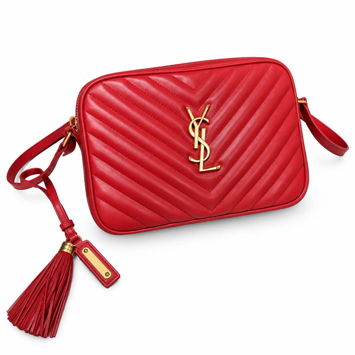 Saint Laurent YSL Lou Large Camera Bag in Red Rouge Smooth Leather with Gold YSL Monogram Chevron Quilting Red Tassel and Adjustable Leather Shoulder Strap