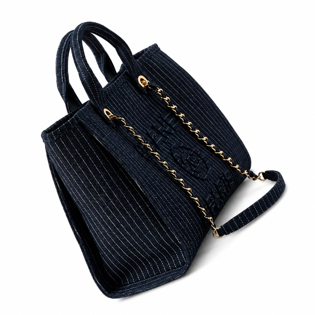 Chanel Deauville Tote Navy Pinstripe Tweed | Tonal CHANEL Embroidery — 32cm