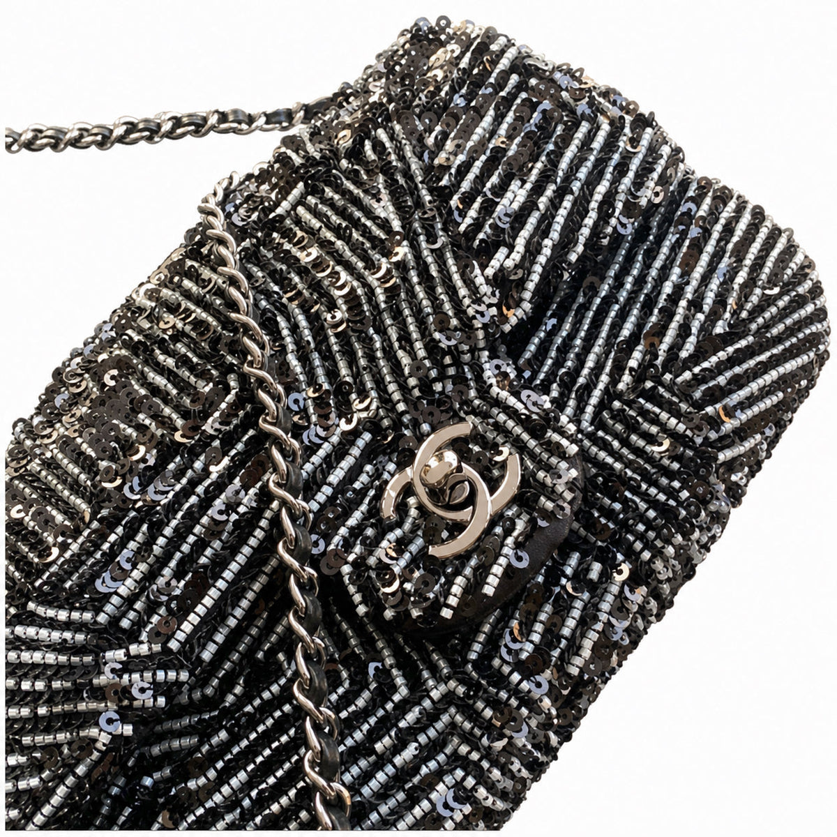 Chanel Small Flap Bag Black Micro-Bead & Sequin Hand-Embroidered Chevron | Ruthenium Chain — 20cm