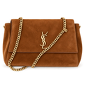 Saint Laurent YSL Kate Large Chain Bag in Cognac Tobacco Brown Suede with Gold YSL Monogram and Double Gold Chain Straps
