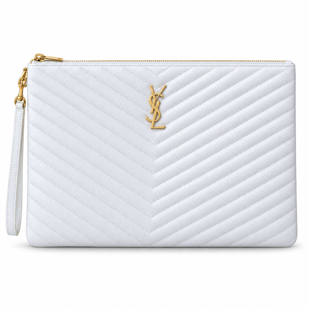 Saint Laurent YSL Monogram Clutch in White Smooth Leather with Gold YSL Monogram Chevron Quilting Zip Top and Wrist Strap