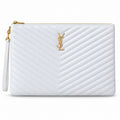 Saint Laurent YSL Monogram Clutch in White Smooth Leather with Gold YSL Monogram Chevron Quilting Zip Top and Wrist Strap