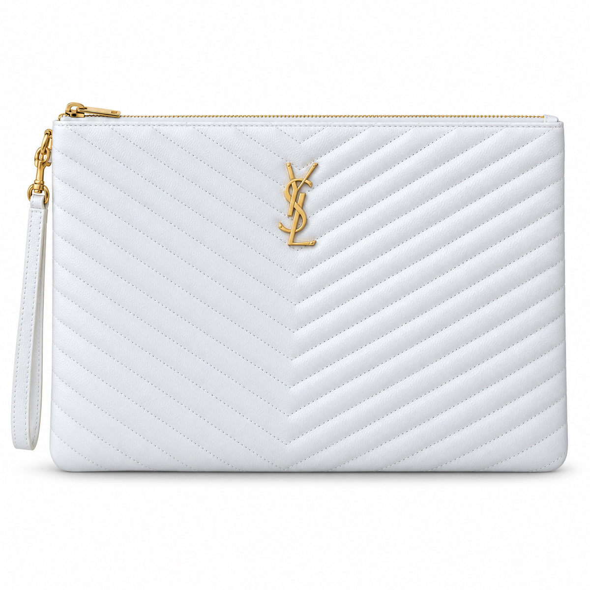 Saint Laurent YSL Monogram Clutch in White Smooth Leather with Gold YSL Monogram Chevron Quilting Zip Top and Wrist Strap