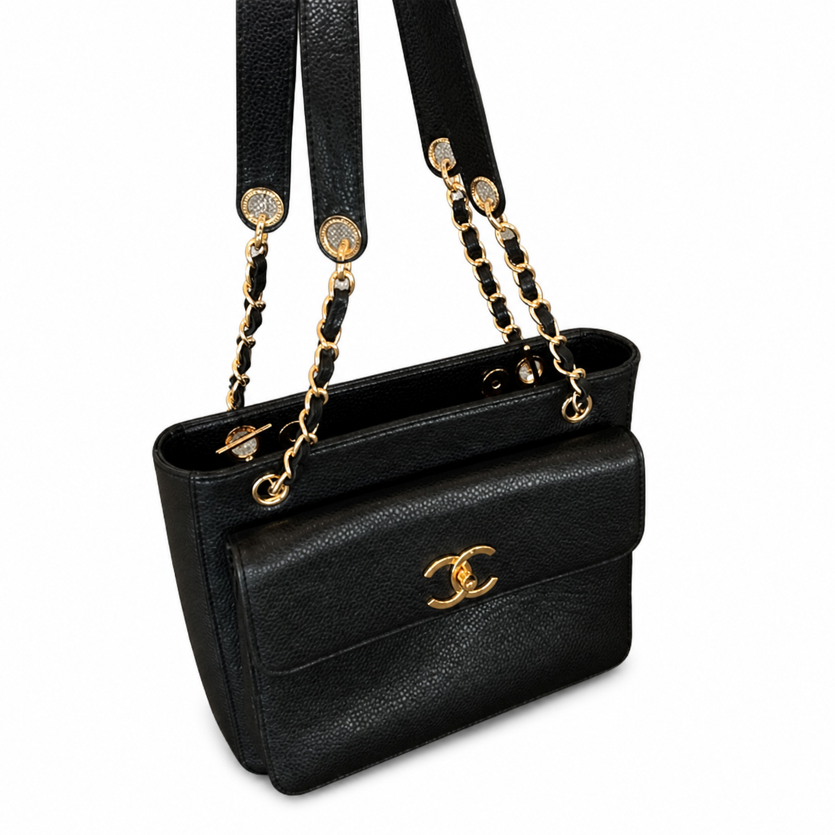 Chanel Black Caviar Open-Top Tote | Built-In Front CC Flap Pocket & Gold Chain Straps — 26cm
