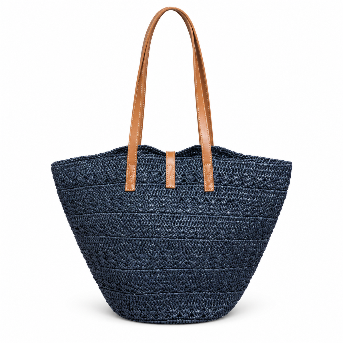 Navy blue woven straw tote bag with tan leather shoulder handles, open top basket style