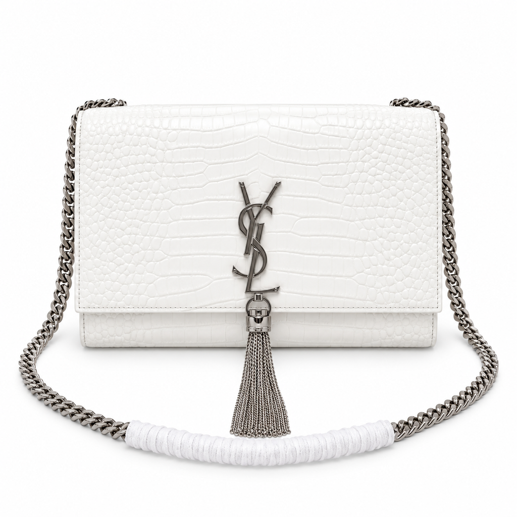Saint Laurent YSL Kate Tassel Bag – White Croc Silver