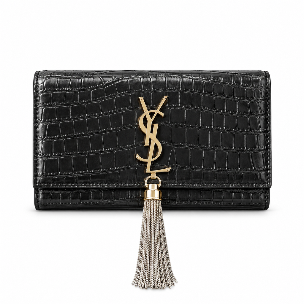 Saint Laurent YSL Kate Medium – Black Croc Gold Tassel