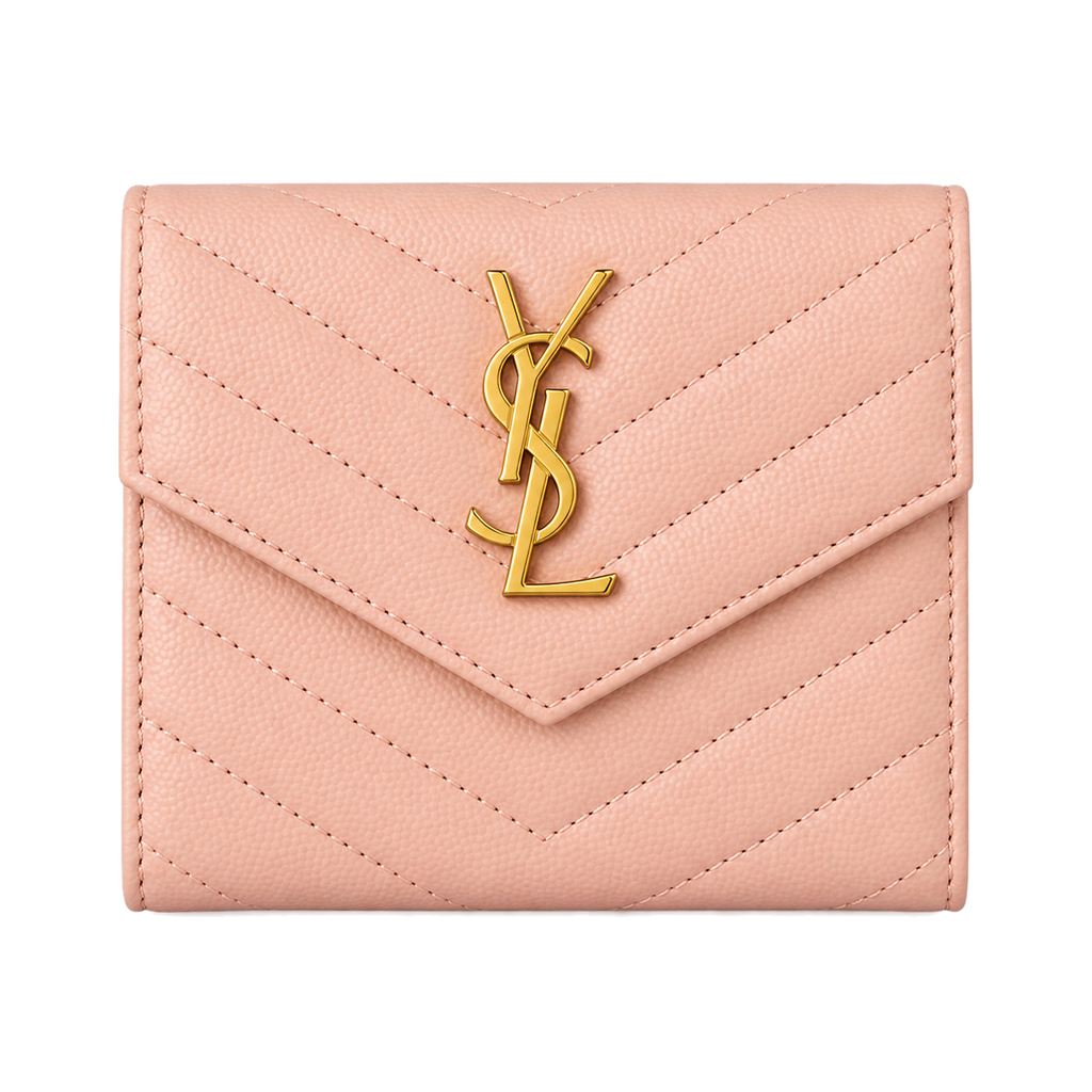 YSL Saint Laurent Monogramme Small Wallet Blush Pink Quilted Leather Gold Logo