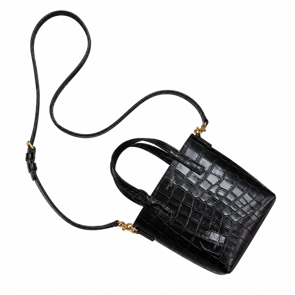 Saint Laurent YSL mini croc embossed top handle crossbody bag in black patent leather with gold hardware and adjustable strap