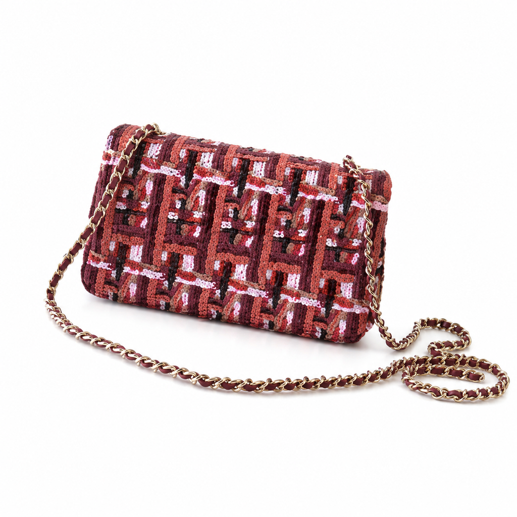 Chanel Red Tweed-Check Sequin & Burgundy Leather Flap Bag | Two-State Design, Gold CC & Full Burgundy Interior