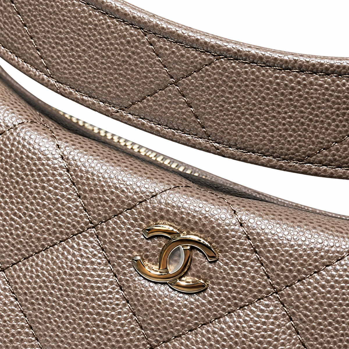 Chanel Crescent Hobo Quilted Metallic Caviar Taupe Gold Dual Chain 22cm