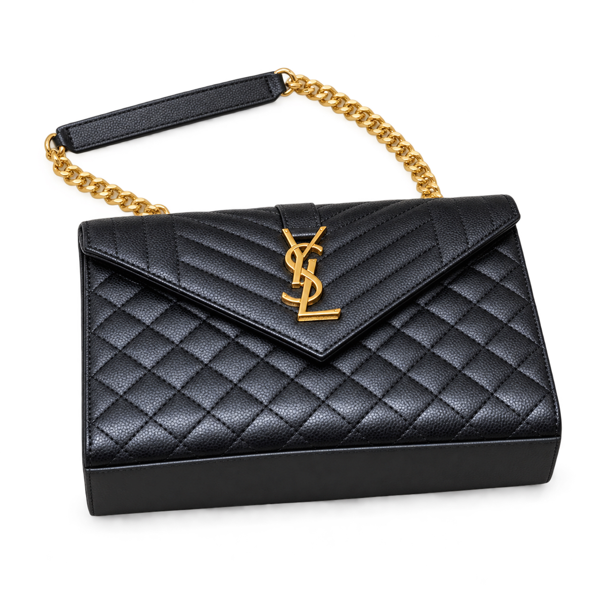 Saint Laurent YSL Envelope Large Bag in Black Noir Mix-Matelasse Quilted Grained Leather with Shiny Gold YSL Monogram Chevron Quilting Gold Curb Chain and Leather Wrist Handle