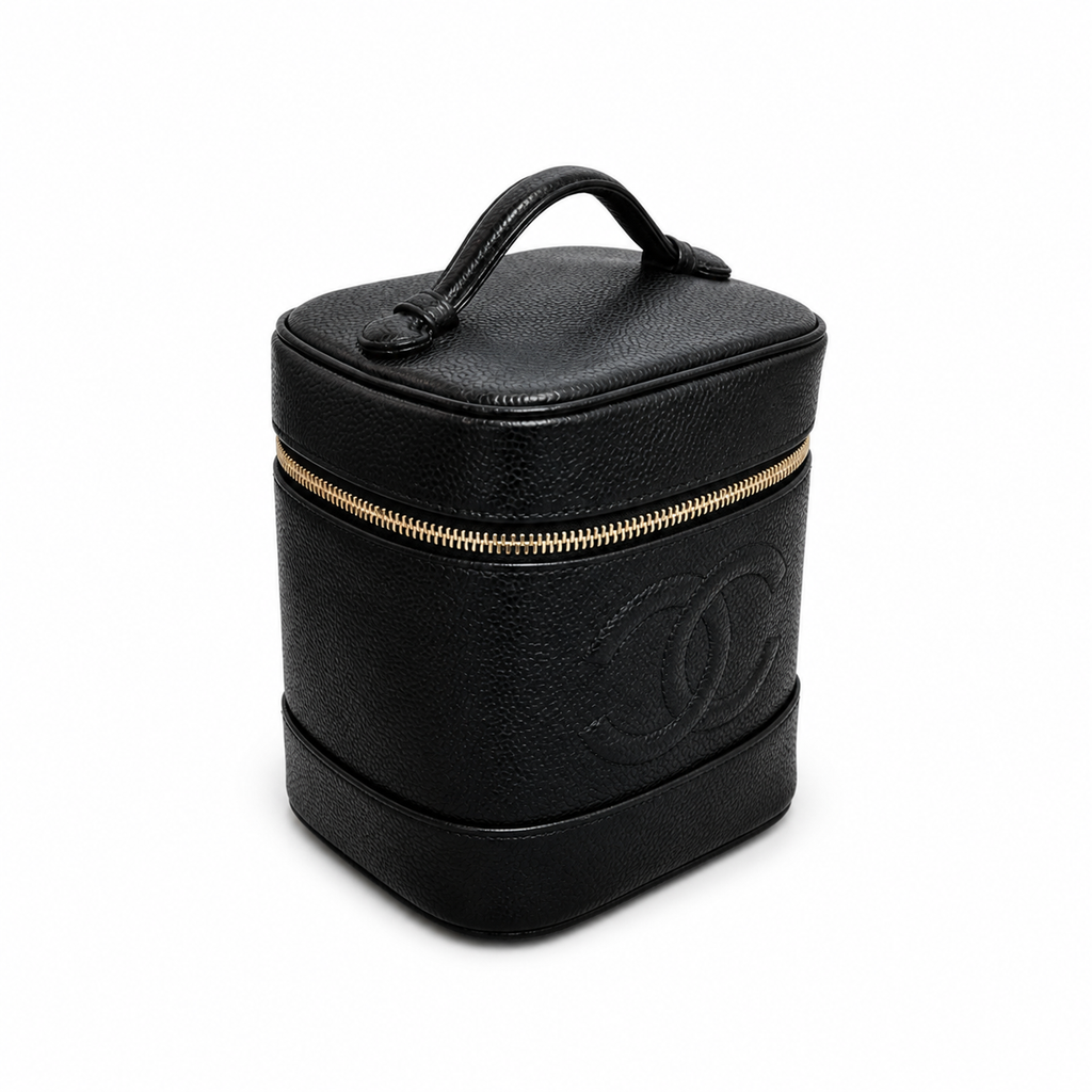 Chanel CC Caviar Leather Vanity Cylinder Case | Black & Gold Zip — 17cm