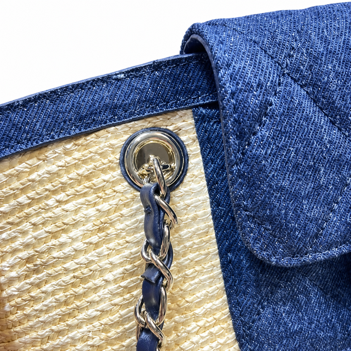 Chanel Small Basket Bag Natural Raffia & Navy Quilted Denim | Silver CC Turn-Lock — 41cm