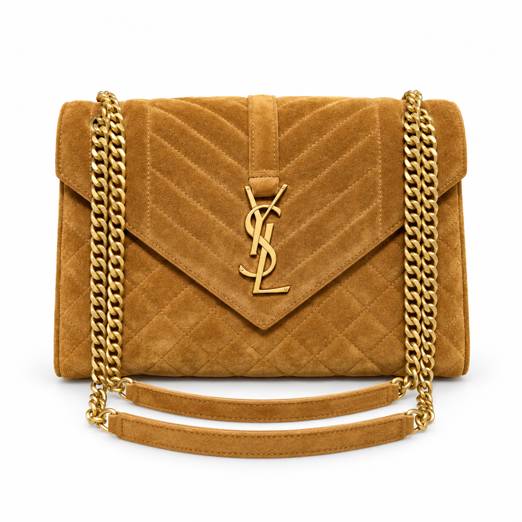 Saint Laurent YSL Envelope Medium Bag in Ginger Caramel Warm Tan Quilted Suede with Aged Antique Gold YSL Monogram Chevron Quilting Gold Curb Chain and Suede Shoulder Strap