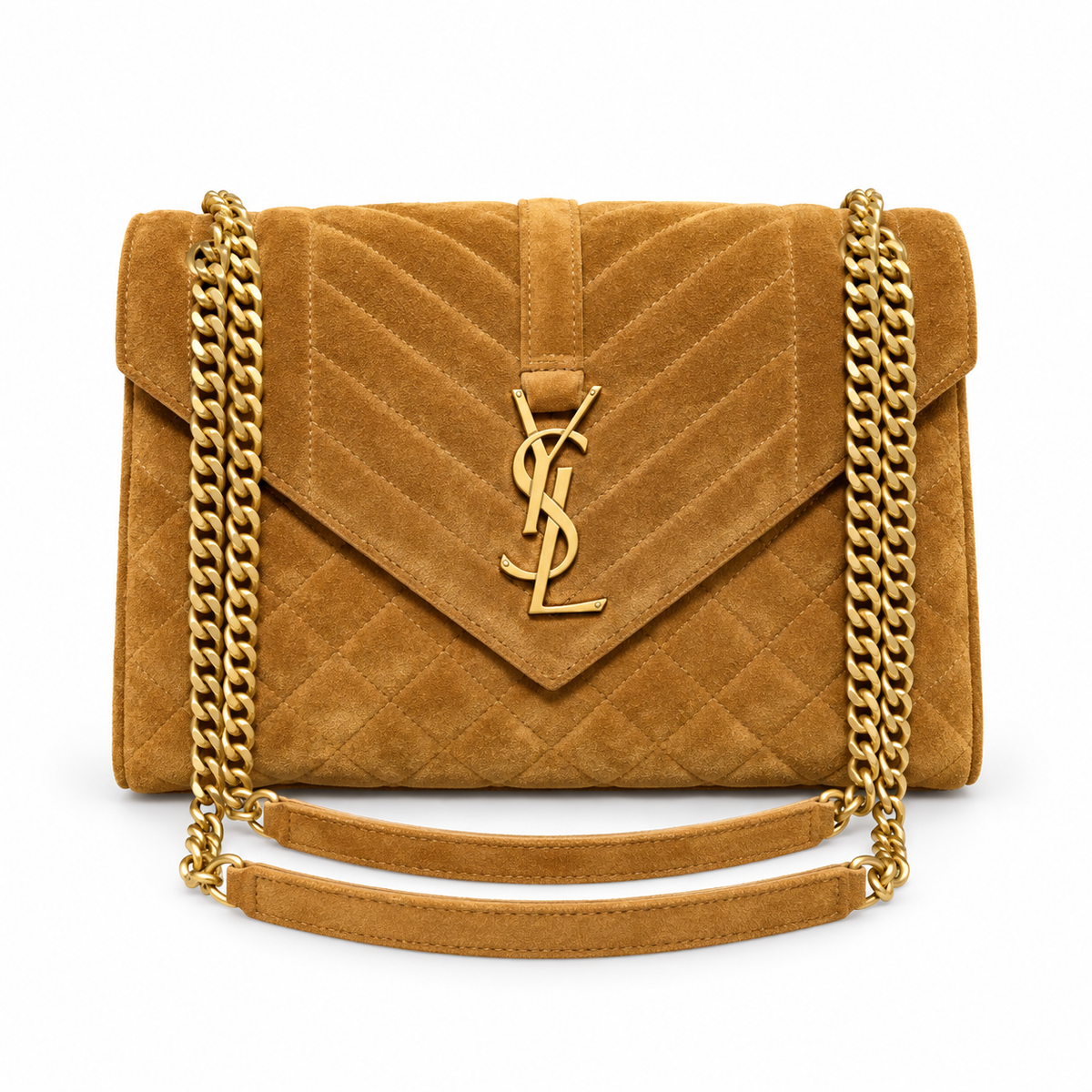 Saint Laurent YSL Envelope Medium Bag in Ginger Caramel Warm Tan Quilted Suede with Aged Antique Gold YSL Monogram Chevron Quilting Gold Curb Chain and Suede Shoulder Strap