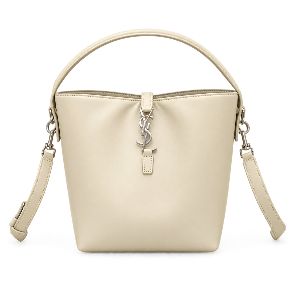 YSL Saint Laurent Le Petit Suzanne Bucket Bag Cream Smooth Leather Silver YSL Charm Adjustable Shoulder Strap