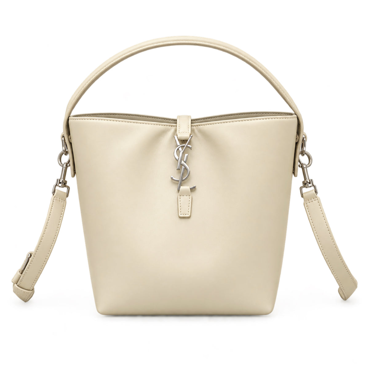 YSL Saint Laurent Le Petit Suzanne Bucket Bag Cream Smooth Leather Silver YSL Charm Adjustable Shoulder Strap