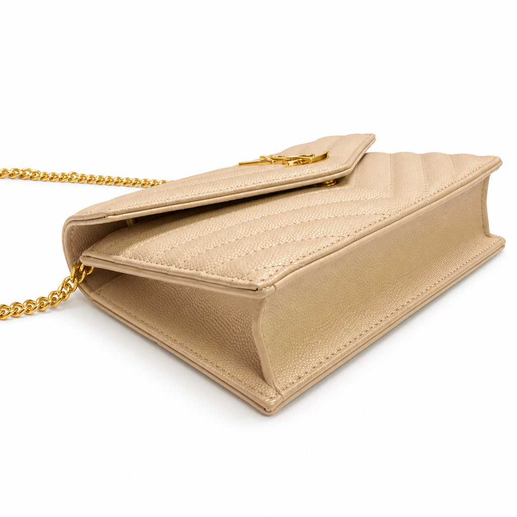 YSL Saint Laurent Envelope Chain Wallet in Sand Matelassé Leather