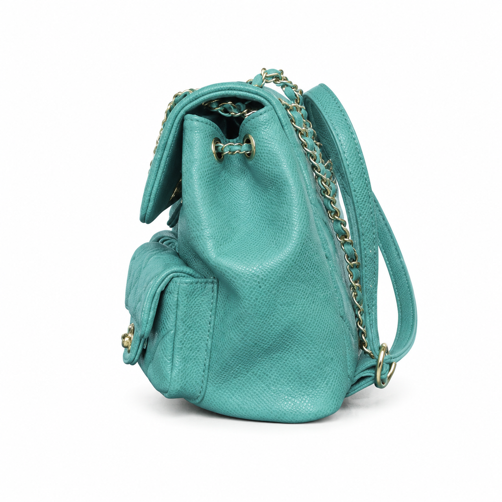 Chanel Duma Caviar Backpack | CC Turn-Lock Gold Chain Teal Green — 20.5x20cm