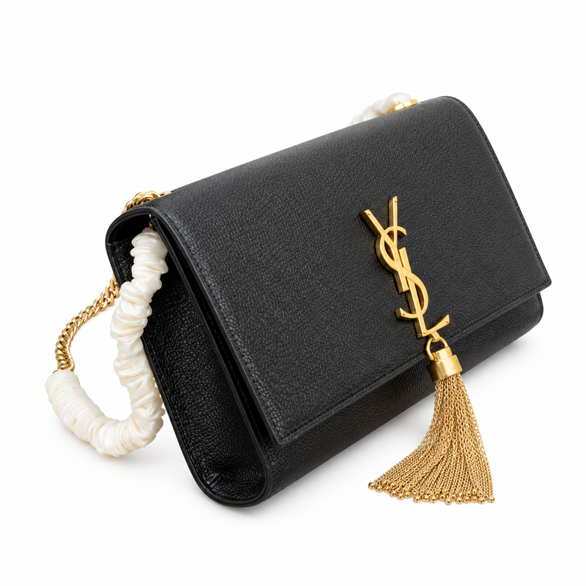 YSL Saint Laurent Kate Chain Bag in Black Grained Leather with Tassel