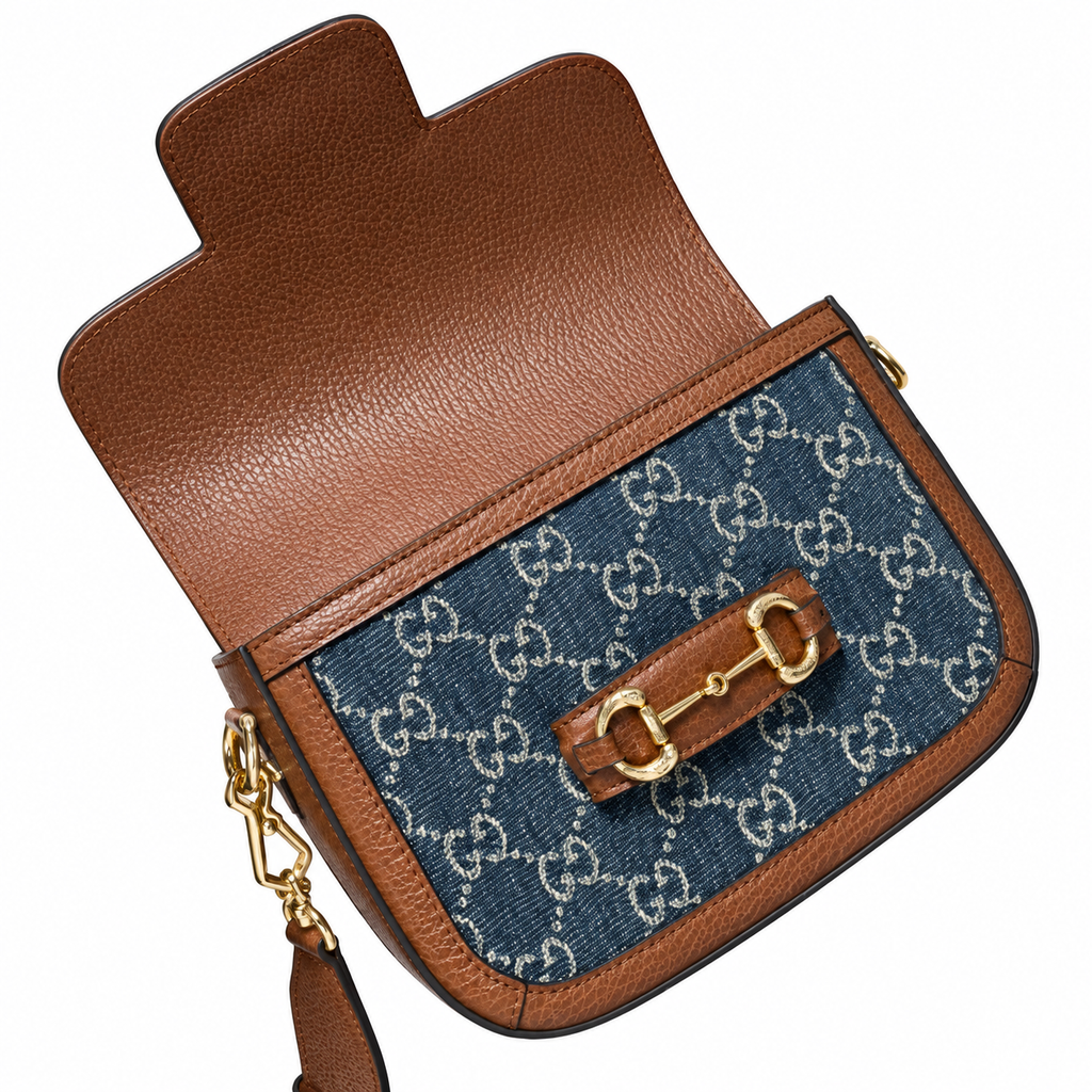 Gucci Horsebit 1955 Mini Bag in Blue GG Denim Canvas with Brown Leather Trim