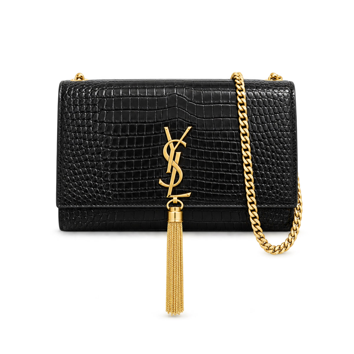 Saint Laurent YSL Kate Tassel Chain Bag in Black Croc-Embossed Leather with Gold Hardware and Tassel