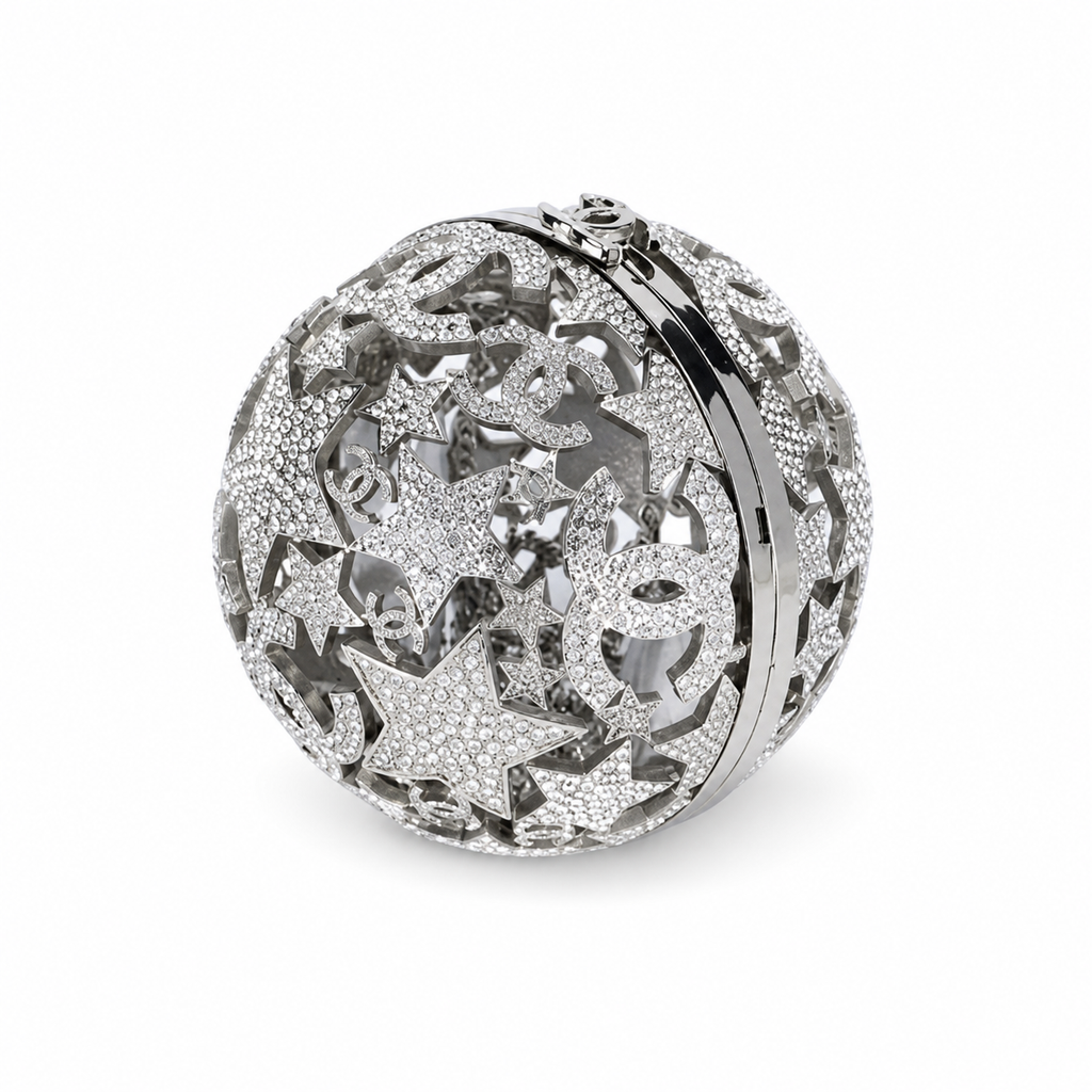 Chanel CC Crystal Star Globe Minaudiere | Silver Filigree & Chain — 13cm