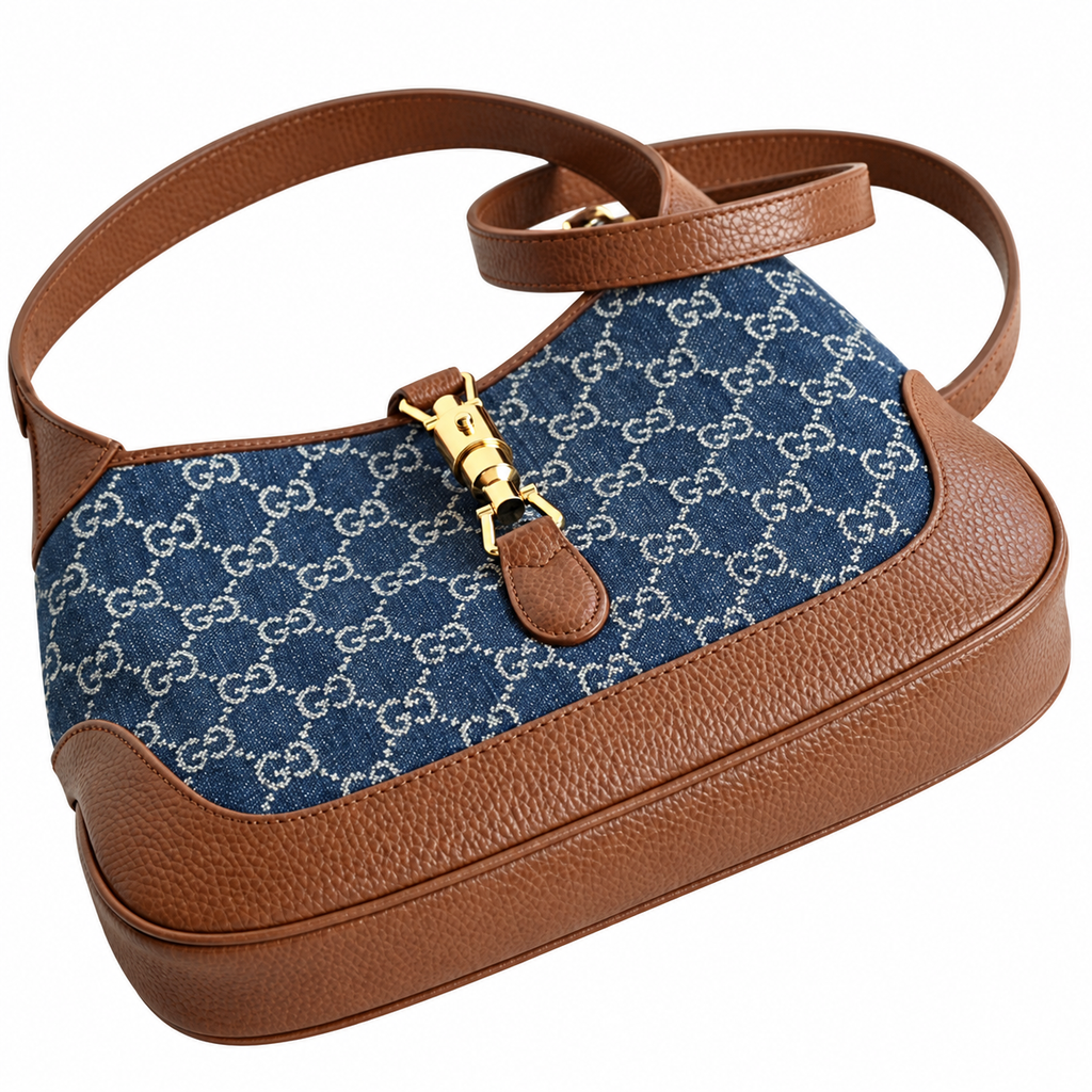 Gucci Jackie 1961 Small Hobo in Blue GG Denim Canvas with Cognac Trim