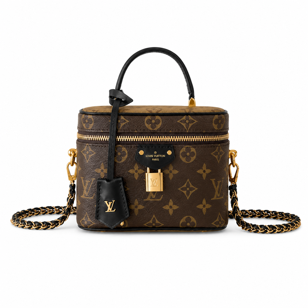 Louis Vuitton Vanity PM Monogram Reverse Canvas with Gold Chain and Black Leather Handle
