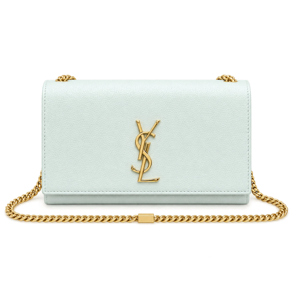 Saint Laurent YSL Kate chain crossbody bag in ice blue smooth calfskin leather with oversized gold YSL monogram and curb chain strap