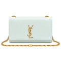 Saint Laurent YSL Kate chain crossbody bag in ice blue smooth calfskin leather with oversized gold YSL monogram and curb chain strap