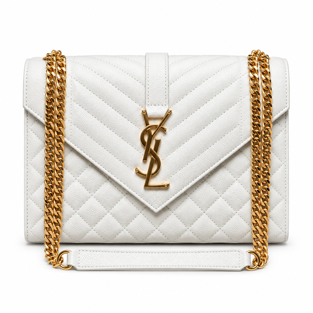 Saint Laurent YSL Envelope Bag in White Off-White Mix-Matelasse Grained Leather with Antique Gold YSL Monogram Mixed Quilting and Double Gold Chain Strap