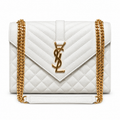 Saint Laurent YSL Envelope Bag in White Off-White Mix-Matelasse Grained Leather with Antique Gold YSL Monogram Mixed Quilting and Double Gold Chain Strap