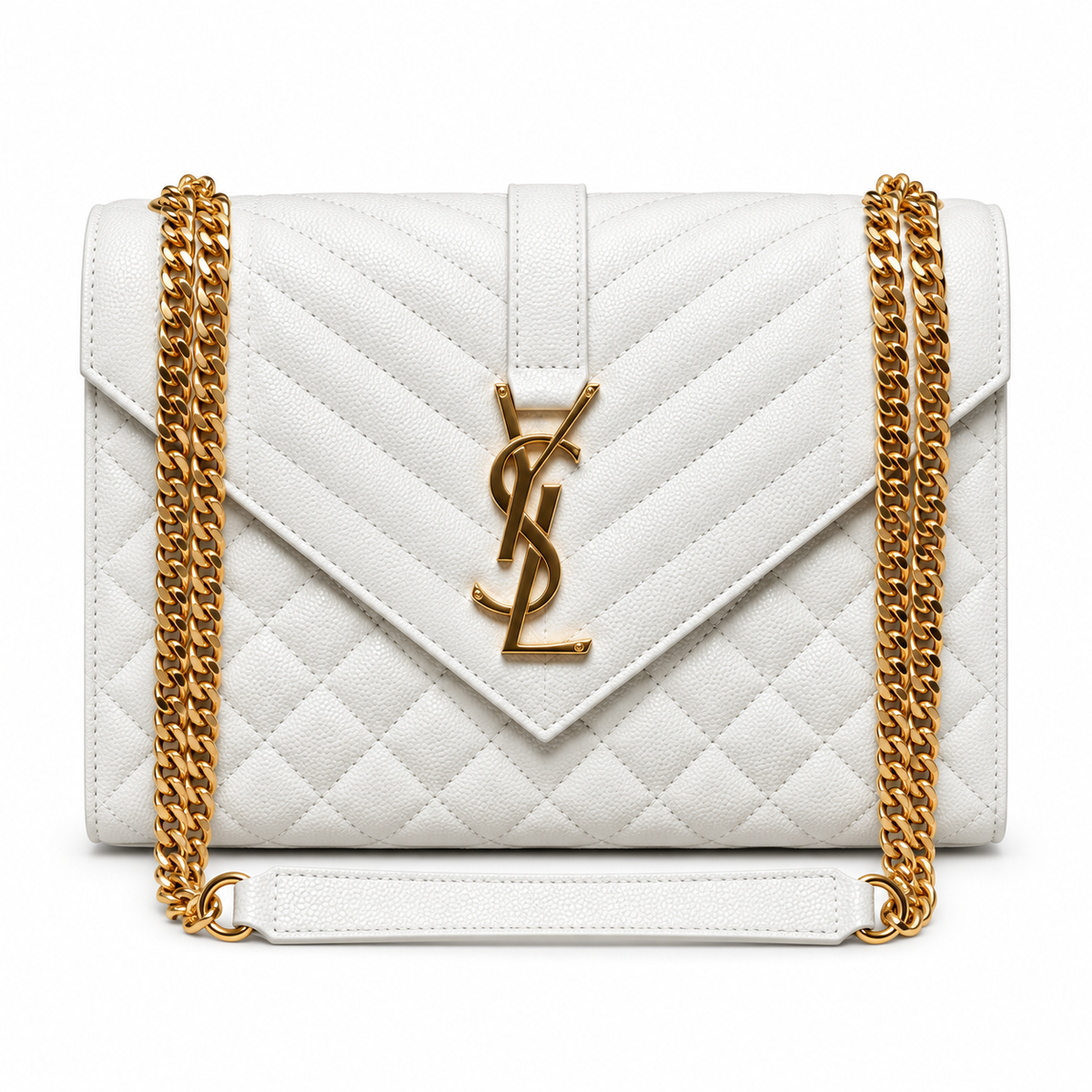 Saint Laurent YSL Envelope Bag in White Off-White Mix-Matelasse Grained Leather with Antique Gold YSL Monogram Mixed Quilting and Double Gold Chain Strap