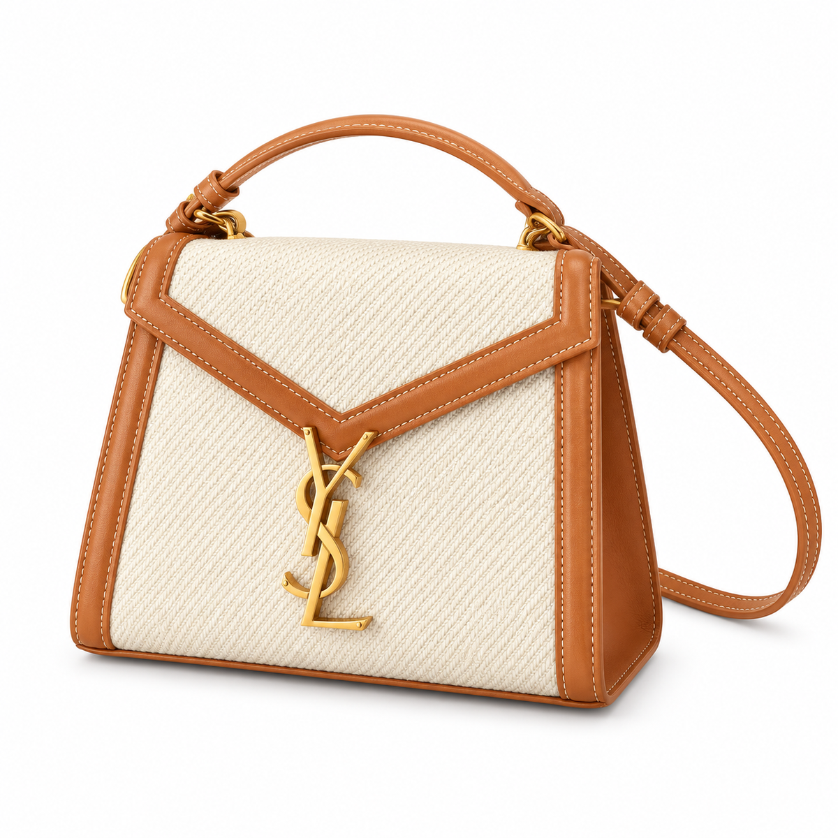 Saint Laurent YSL Cassandre Mini Top Handle Bag in Natural Ivory Canvas with Tan Caramel Calfskin Leather Trim Shiny Gold Oversized YSL Monogram Charm and Removable Leather Shoulder Strap